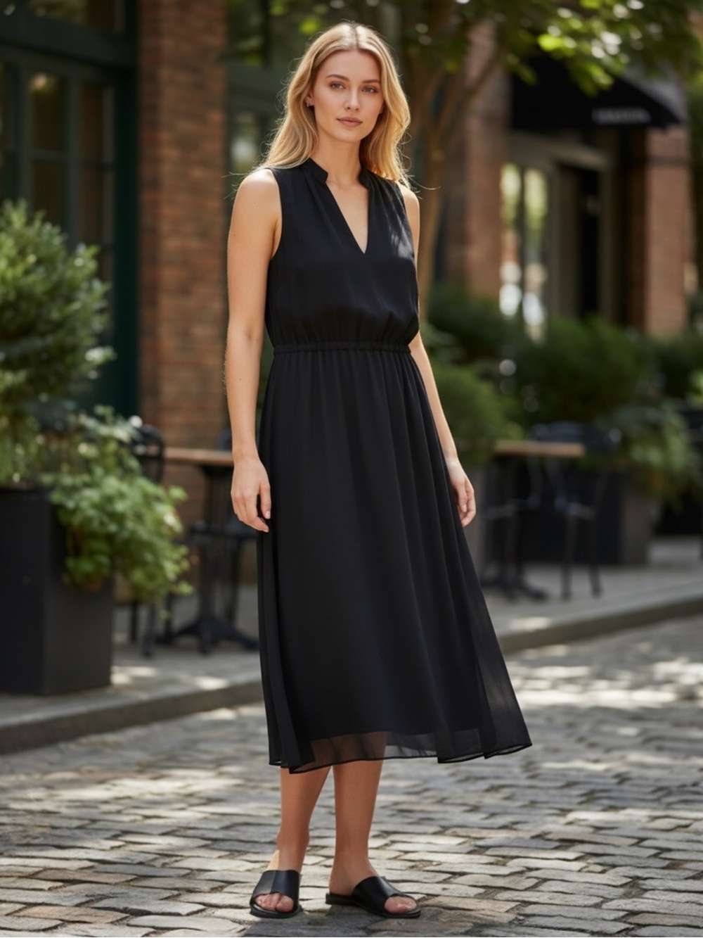 NWT Anne Klein Black Sleeveless Midi Dress with V-Neck Size XS Extra Small - Picture 1 of 11